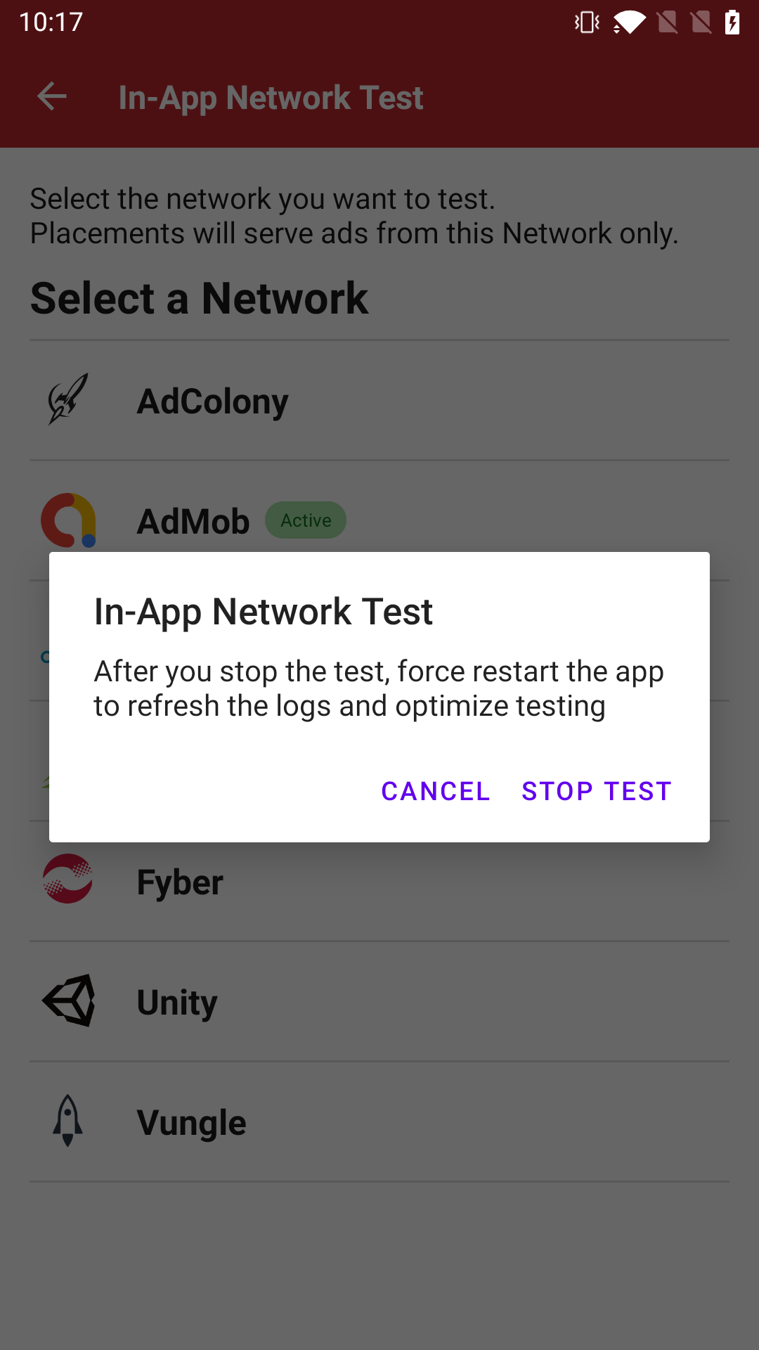 Stop In-App Network Test