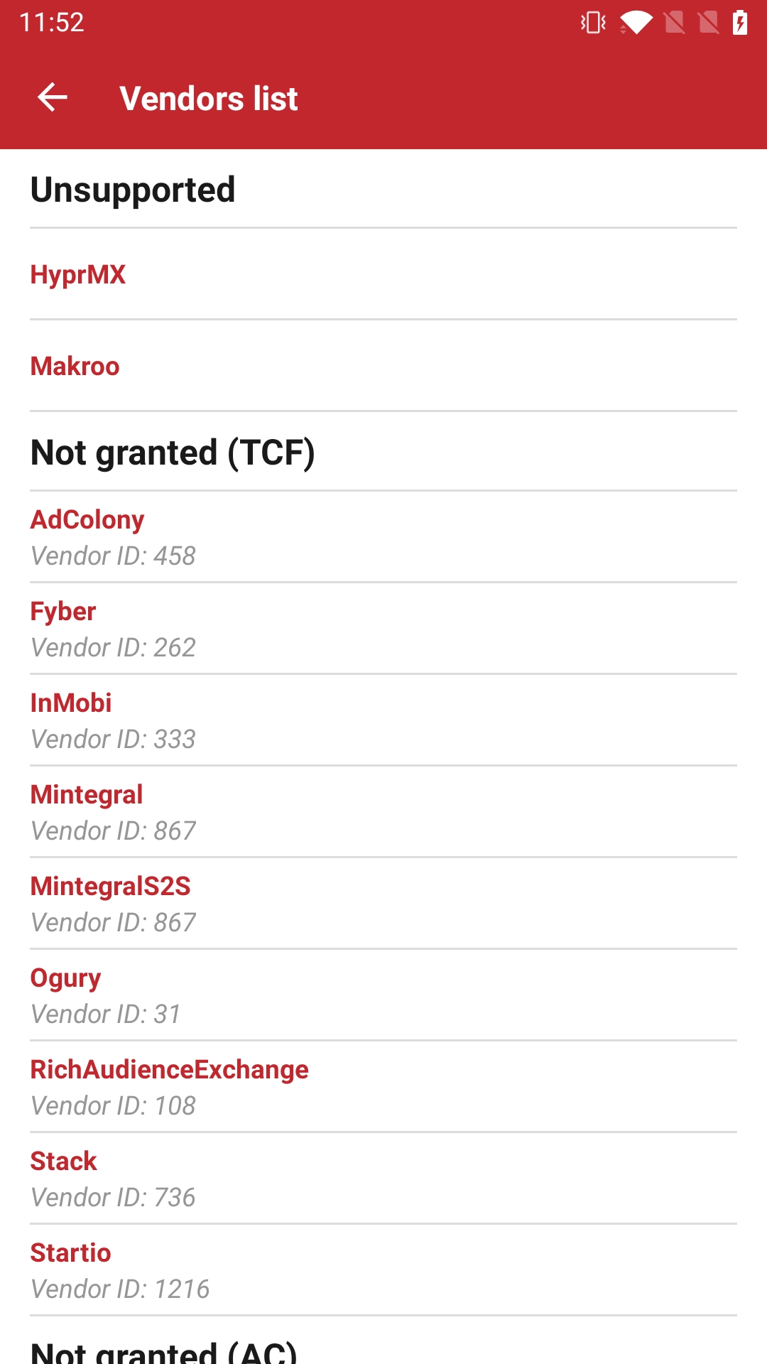 Privacy Settings Vendors List